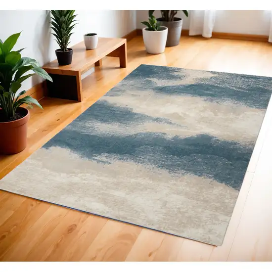 Ivory and Teal Blue Abstract Area Rug Photo 1