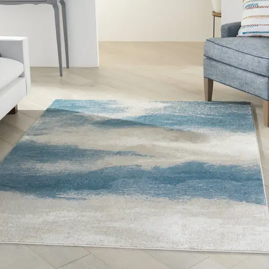 Ivory and Teal Blue Abstract Area Rug Photo 6