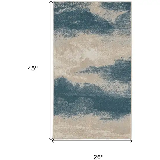 Ivory and Teal Blue Abstract Area Rug Photo 3