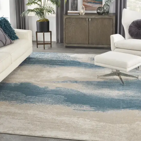 Ivory and Teal Blue Abstract Non Skid Area Rug Photo 6