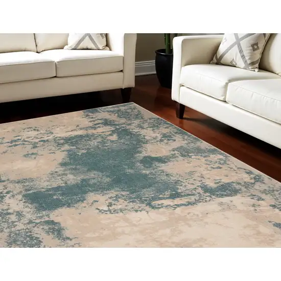 Ivory and Teal Blue Abstract Non Skid Area Rug Photo 1