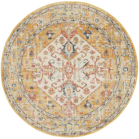 4' Yellow And Ivory Medallion Round Rug Photo 2