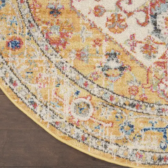 4' Yellow And Ivory Medallion Round Rug Photo 6