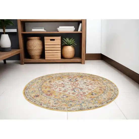 5' Yellow and Ivory Round Floral Medallion Shag Area Rug Photo 1