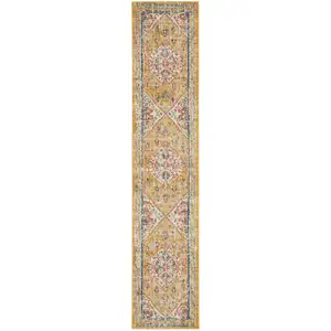 Photo of Ivory and Yellow Center Medallion Runner Rug