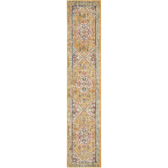 10' Yellow And Ivory Medallion Runner Rug Photo 1