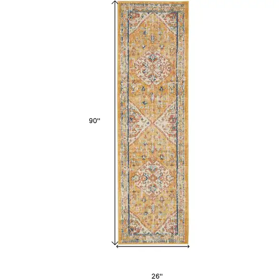 8' Yellow And Ivory Medallion Runner Rug Photo 9