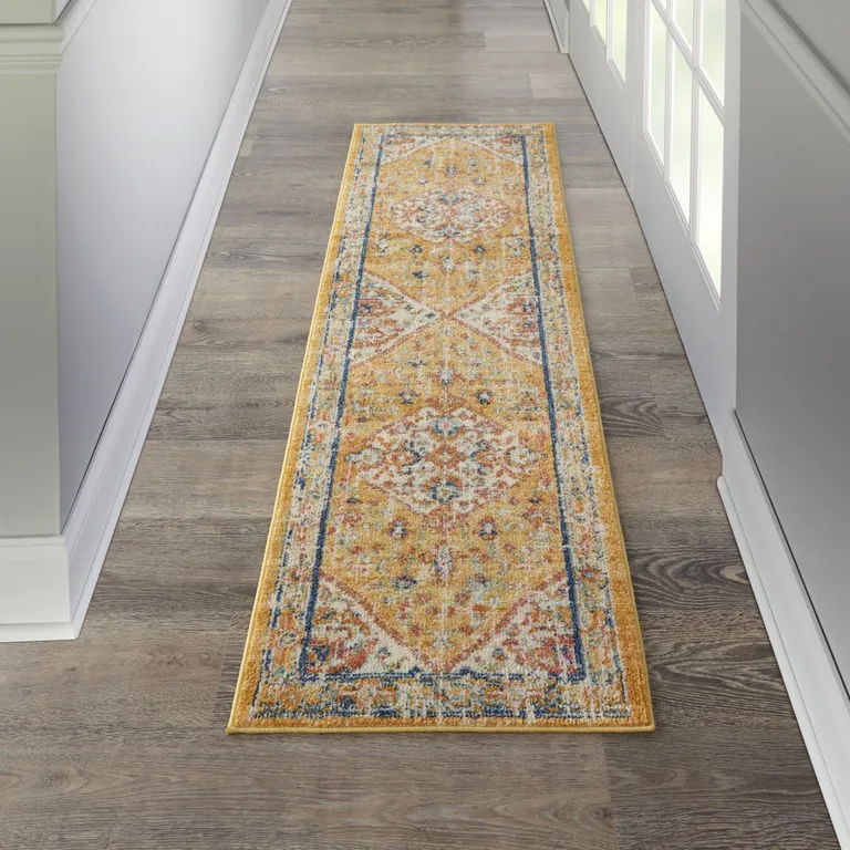 Ivory and Yellow Center Medallion Runner Rug Photo 4