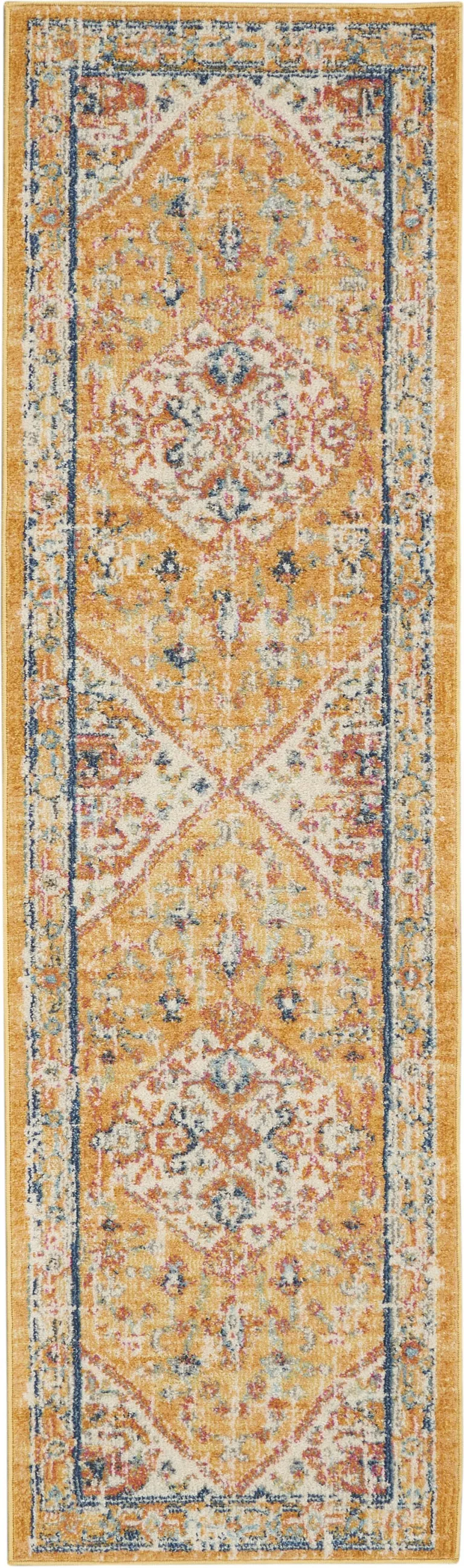 Ivory and Yellow Center Medallion Runner Rug Photo 1