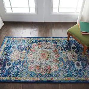 Photo of Ivory and Yellow Floral Medallion Distressed Non Skid Area Rug