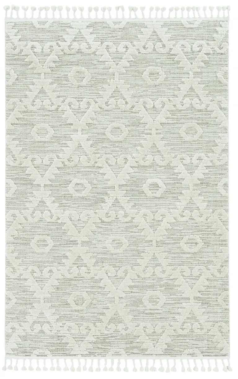 Ivory or Beige Geometric Diamond Indoor Area Rug with Fringe Photo 2