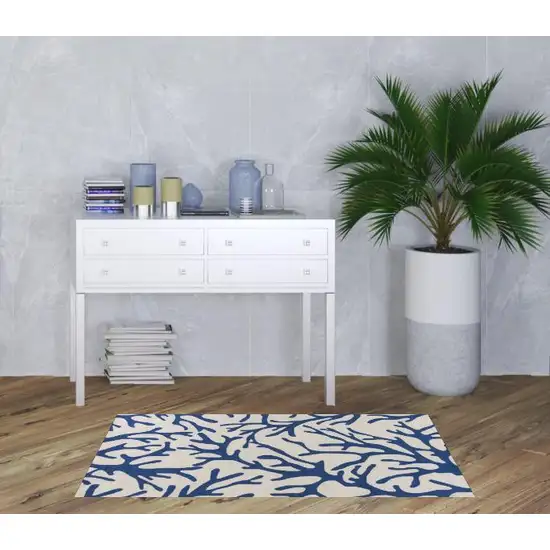 Ivory and Blue Coral Hand Hooked Area Rug Photo 1