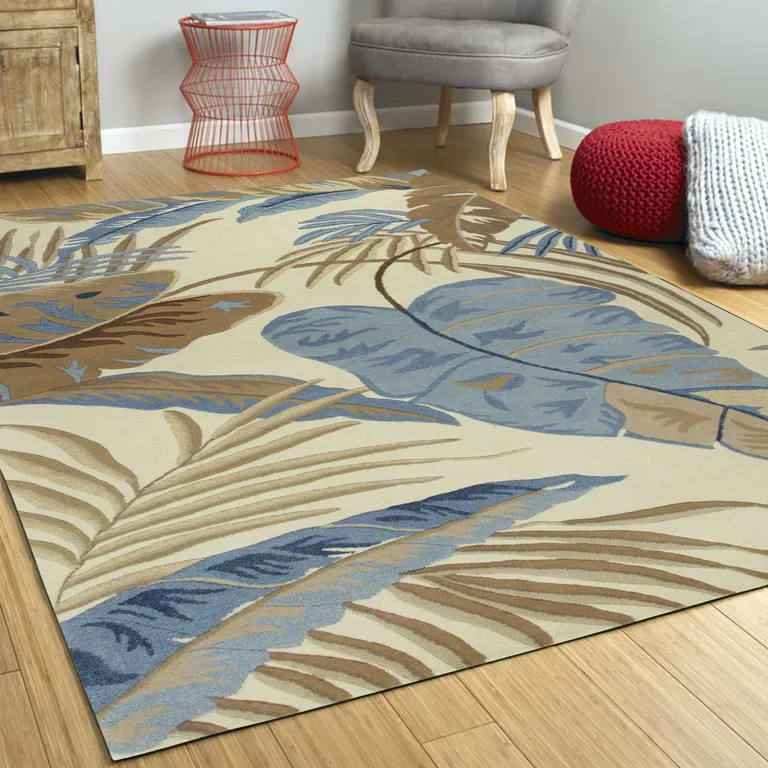 Ivory or Blue Leaves Wool Area Rug Photo 4