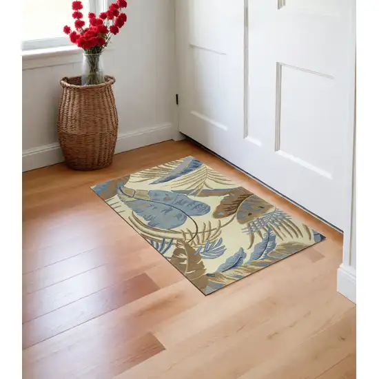 Ivory Or Blue Leaves Wool Area Rug Photo 2