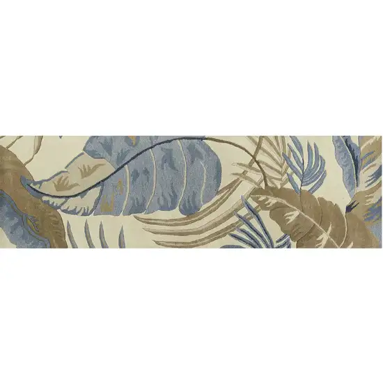 Ivory or Blue Leaves Wool Runner Rug Photo 2