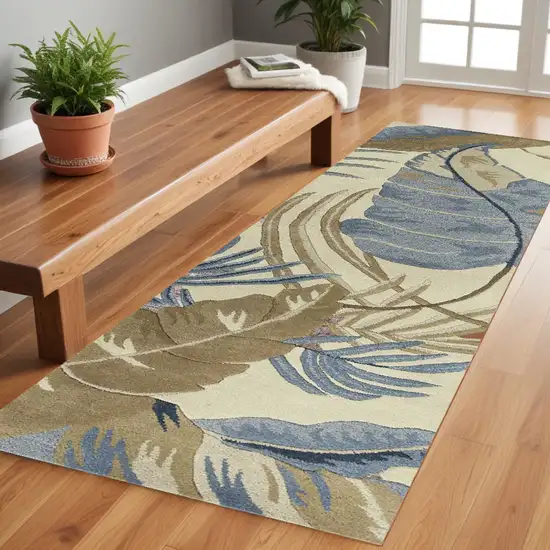 8' Ivory and Blue Wool Tropical Botanical Hand Tufted Runner Rug Photo 2