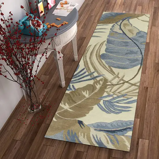 Ivory or Blue Leaves Wool Runner Rug Photo 4