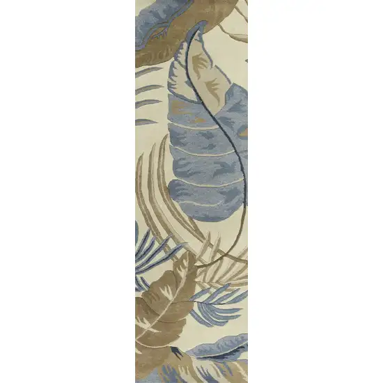 Ivory or Blue Leaves Wool Runner Rug Photo 1