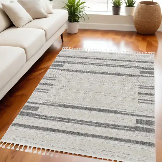 Ivory Or Grey Abstract Brushstrokes Indoor Area Rug With Fringe Photo 1