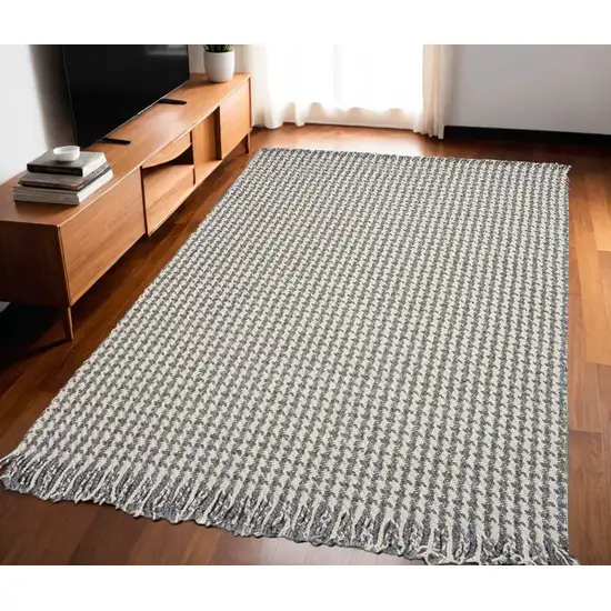 Ivory Or Grey Plaid Knitted Wool Indoor Area Rug With Fringe Photo 1