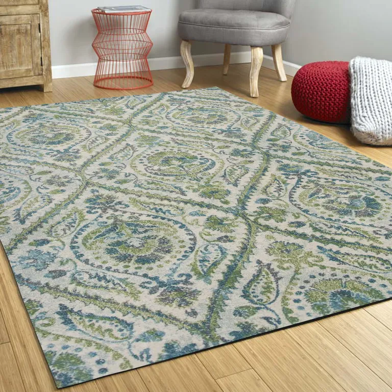 Ivory or Teal Parisian Polypropylene Area Rug Photo 5