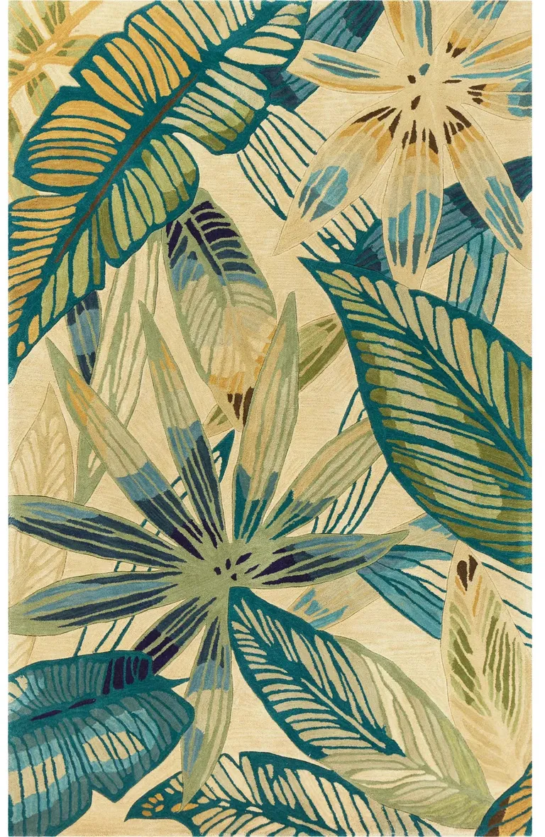 Ivory or Teal Tropical Leaves Wool Indoor Area Rug Photo 2