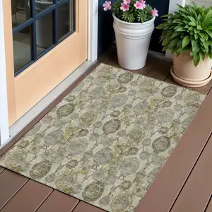 Photo of Khaki Beige And Gold Damask Washable Indoor Outdoor Area Rug