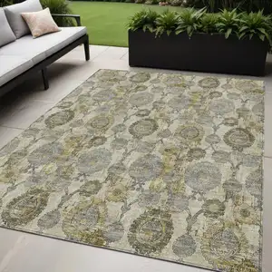 Photo of Khaki Beige And Gold Damask Washable Indoor Outdoor Area Rug