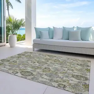 Photo of Khaki Beige And Gold Damask Washable Indoor Outdoor Area Rug