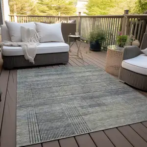 Photo of Khaki Beige And Gray Striped Washable Indoor Outdoor Area Rug