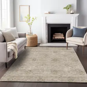 Photo of Khaki Beige And Tan Floral Washable Indoor Outdoor Area Rug