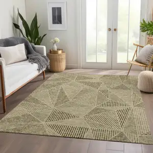 Photo of Khaki Brown And Beige Geometric Washable Indoor Outdoor Area Rug