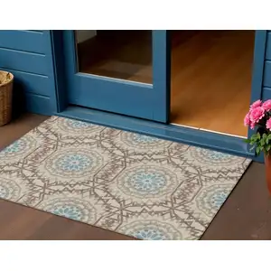 Photo of Khaki Brown And Taupe Floral Medallion Washable Indoor Outdoor Area Rug