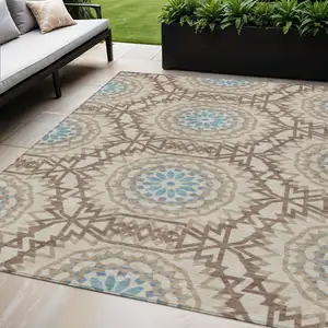 Photo of Khaki Brown And Taupe Floral Medallion Washable Indoor Outdoor Area Rug