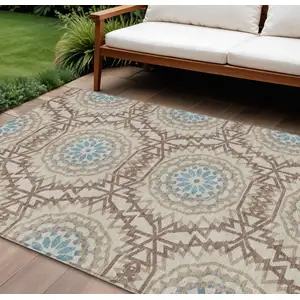 Photo of Khaki Brown And Taupe Floral Medallion Washable Indoor Outdoor Area Rug