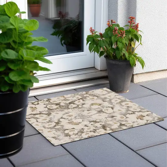 Khaki Floral Washable Non Skid Indoor Outdoor Area Rug Photo 9