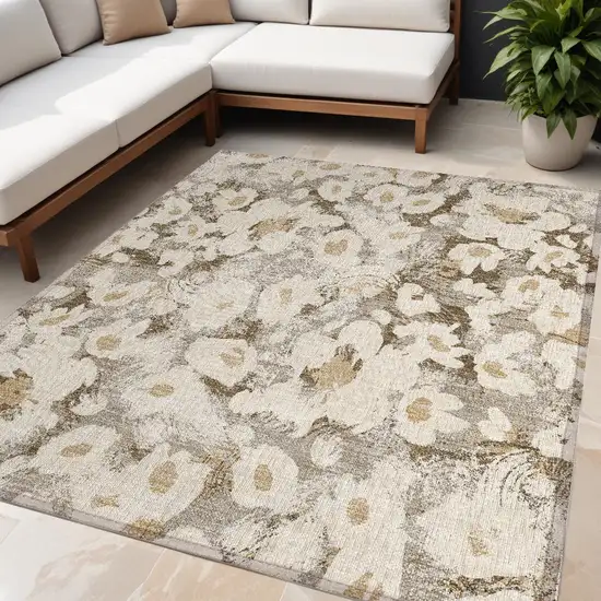 Khaki Floral Washable Non Skid Indoor Outdoor Area Rug Photo 1