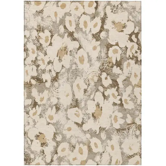 Khaki Floral Washable Non Skid Indoor Outdoor Area Rug Photo 2