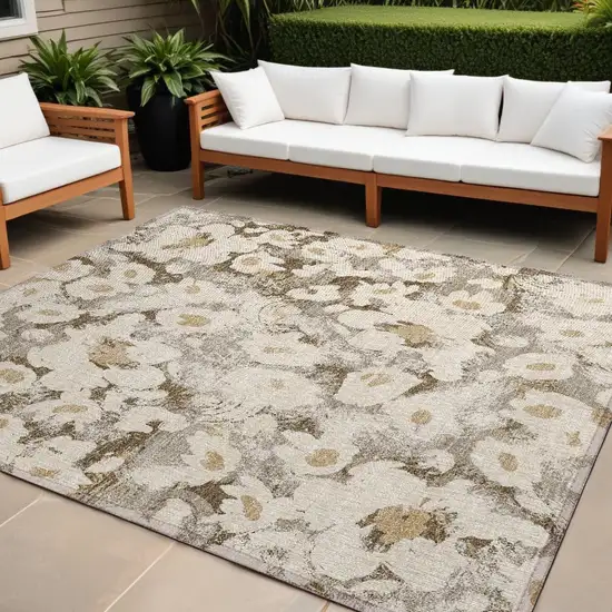 Khaki Floral Washable Non Skid Indoor Outdoor Area Rug Photo 1