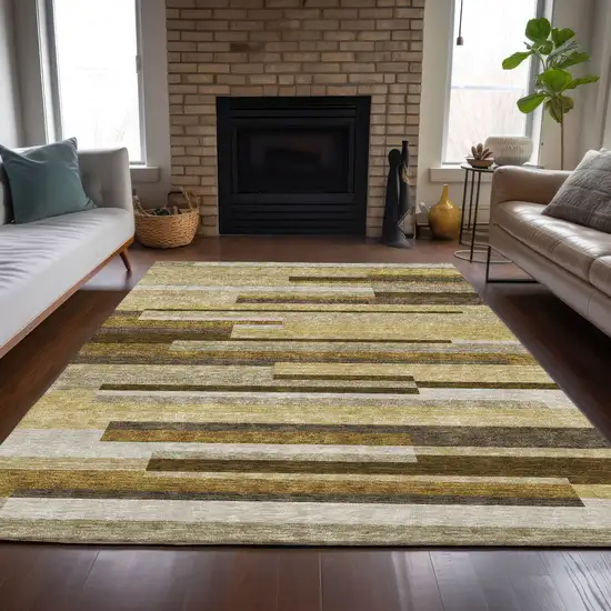 Khaki Taupe And Gold Striped Washable Indoor Outdoor Area Rug Photo 8