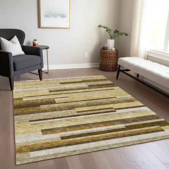 Khaki Taupe And Gold Striped Washable Indoor Outdoor Area Rug Photo 9