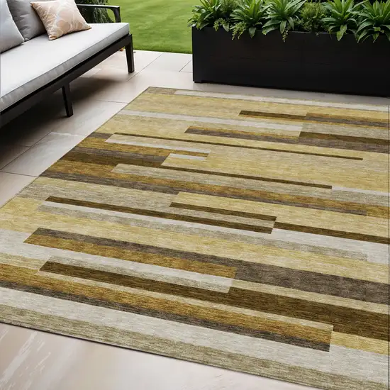 Khaki Taupe And Gold Striped Washable Indoor Outdoor Area Rug Photo 2