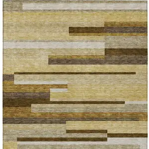 Photo of Khaki Taupe And Gold Striped Washable Indoor Outdoor Area Rug