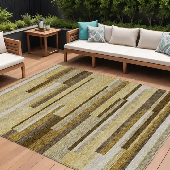 Khaki Taupe And Gold Striped Washable Indoor Outdoor Area Rug Photo 2