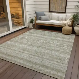 Photo of Khaki Taupe And Ivory Southwestern Washable Indoor Outdoor Area Rug