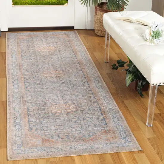 Latte and Blue Oriental Medallion Runner Rug Photo 2