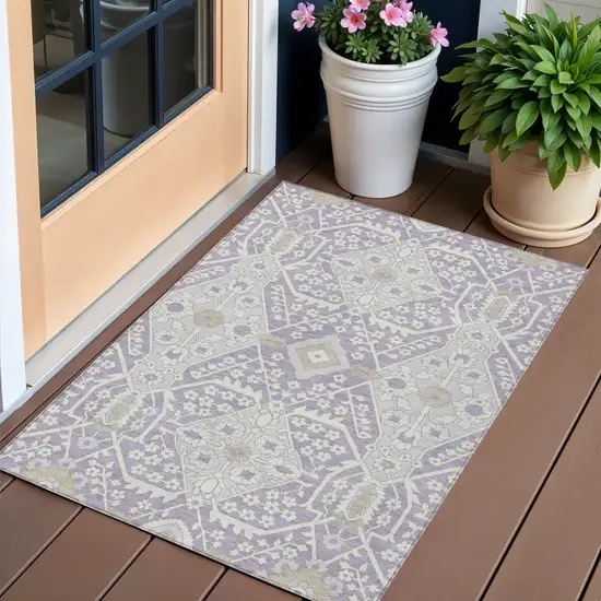 Lavender Gray And Beige Floral Washable Indoor Outdoor Area Rug Photo 2