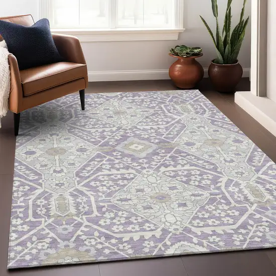 Lavender Gray And Beige Floral Washable Indoor Outdoor Area Rug Photo 9