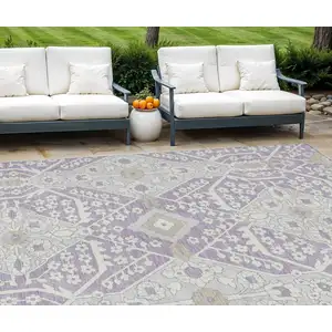 Photo of Lavender Gray And Beige Floral Washable Indoor Outdoor Area Rug