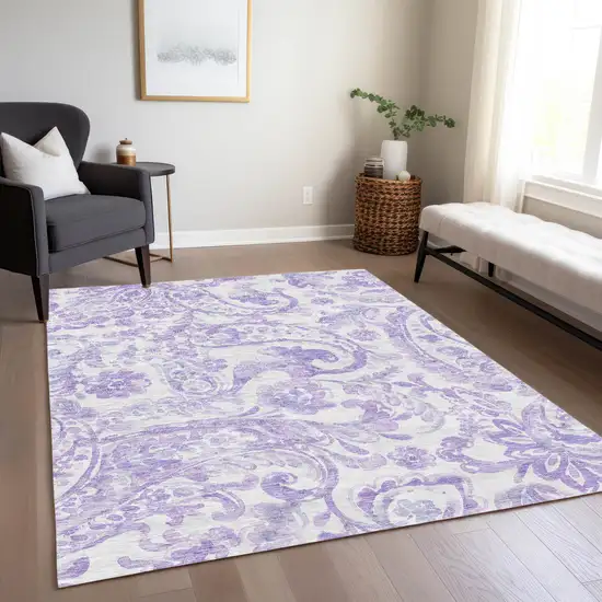 Lavender Ivory And Purple Paisley Washable Indoor Outdoor Area Rug Photo 9